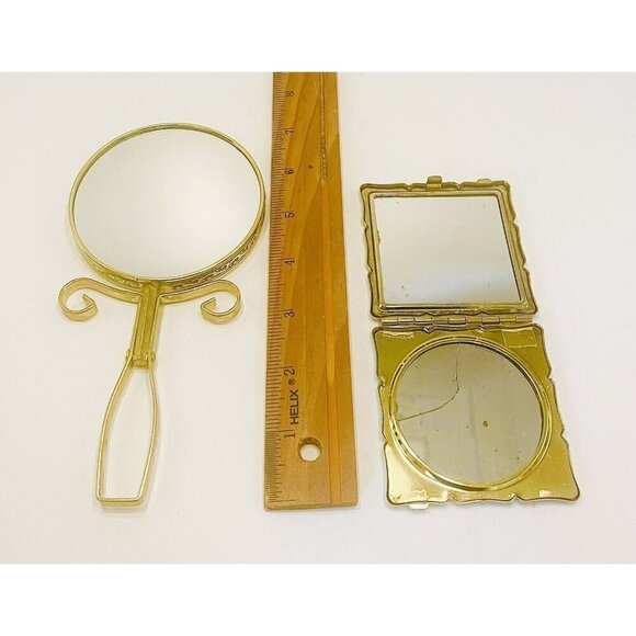 VINTAGE Vanity Mirrors Handheld/ Standing & Ditsy Floral Compact Japan Gold Tone - Picture 9 of 9